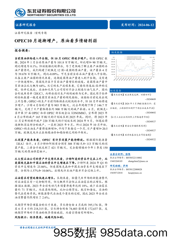 宏观专题：OPEC10月逐渐增产，原油看多情绪削弱-240612-东北证券