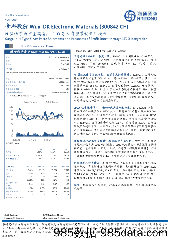 帝科股份-300842.SZ-N型银浆出货量高增，LECO导入有望带动盈利提升-20240604-海通国际