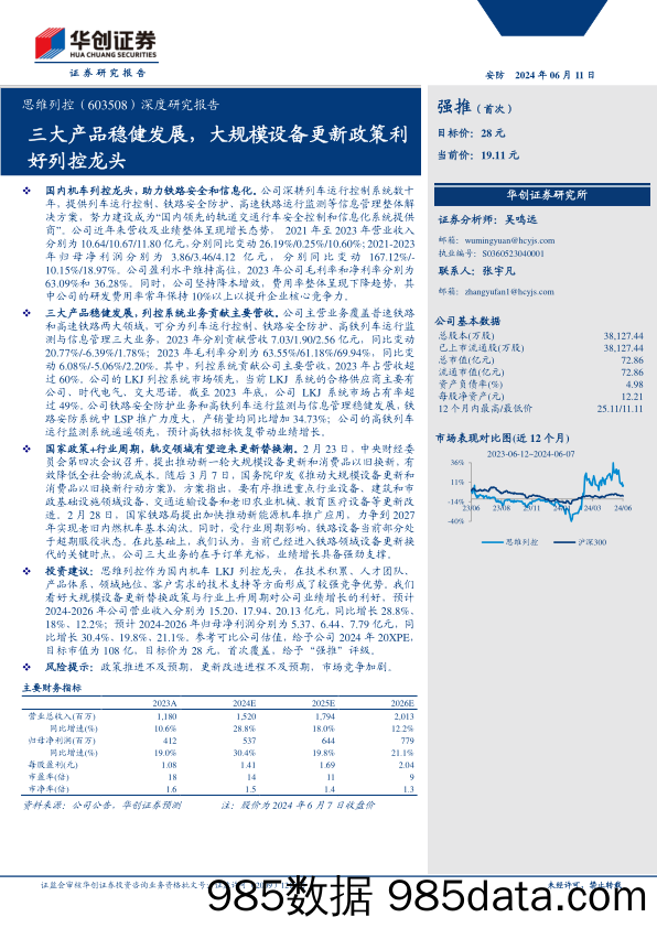 思维列控(603508)深度研究报告：三大产品稳健发展，大规模设备更新政策利好列控龙头-240611-华创证券