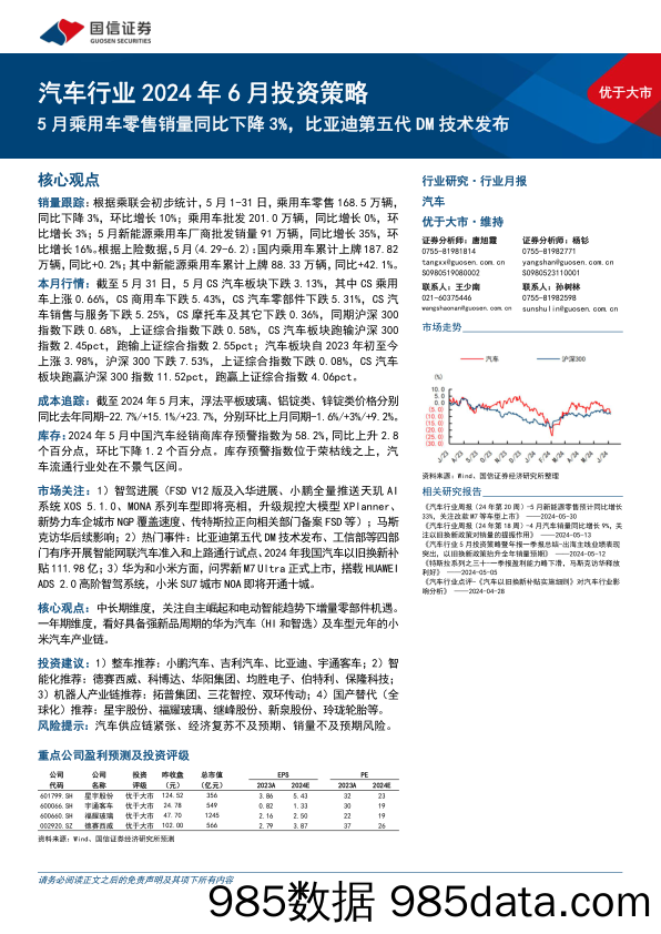 汽车行业2024年6月投资策略：5月乘用车零售销量同比下降3%25，比亚迪第五代DM技术发布-240609-国信证券