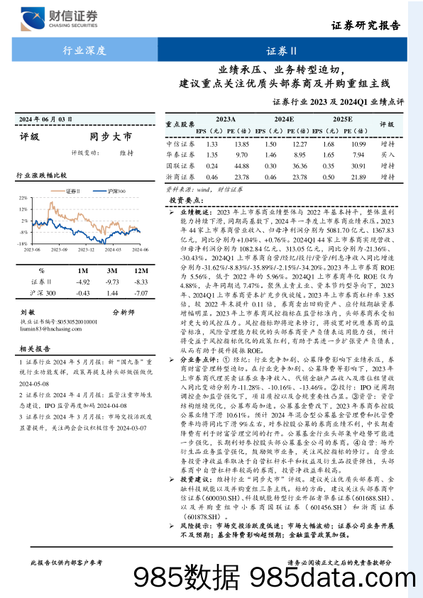 证券行业2023及2024Q1业绩点评：业绩承压、业务转型迫切，建议重点关注优质头部券商及并购重组主线-240603-财信证券