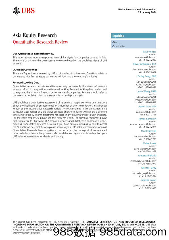 UBS Equities-Asia Equity Research _Quantitative Research Review_ Winter-106089914插图