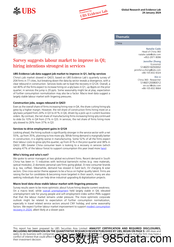 UBS Equities-China 360 _Survey suggests labour market to improve in Q1; h...-106122859