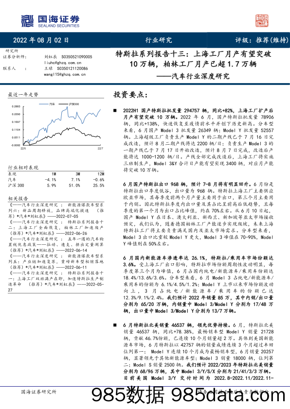 汽车行业深度研究：特斯拉系列报告十三：上海工厂月产有望突破10万辆，柏林工厂月产已超1.7万辆_国海证券