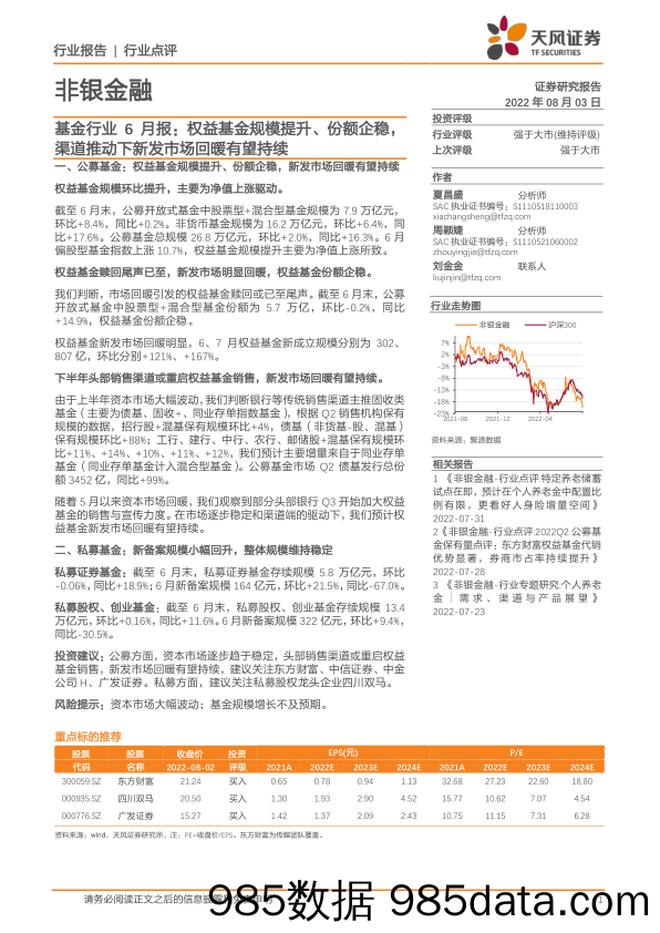 基金行业6月报：权益基金规模提升、份额企稳，渠道推动下新发市场回暖有望持续_天风证券