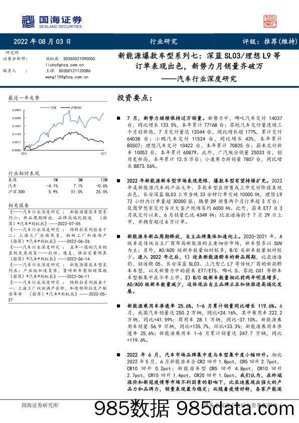 汽车行业深度研究：新能源爆款车型系列七：深蓝SL03 理想L9等订单表现出色，新势力月销量齐破万_国海证券