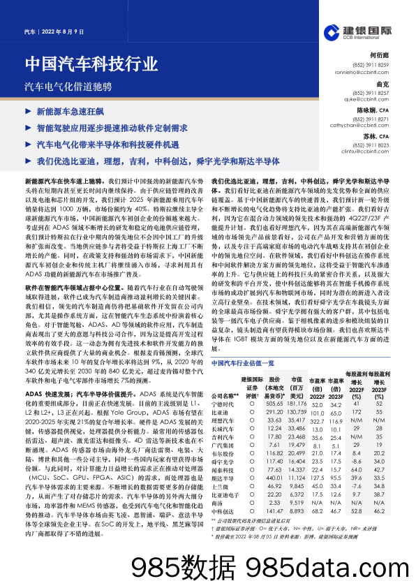 中国汽车科技行业：汽车电气化借道驰骋_建银国际证券