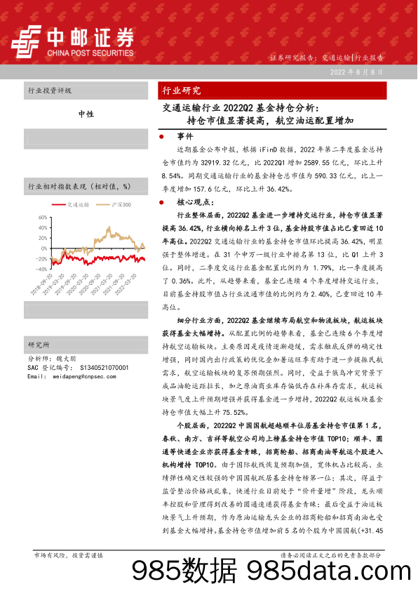 交通运输行业2022Q2基金持仓分析：持仓市值显著提高，航空油运配置增加_中邮证券