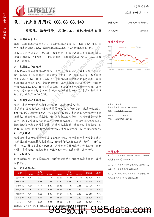 化工行业8月周报：天然气、油价强势，石油化工、有机硅板块大涨_国联证券插图