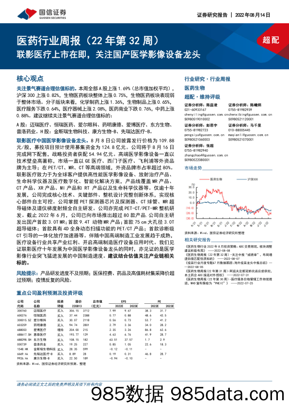 医药行业周报（22年第32周）：联影医疗上市在即，关注国产医学影像设备龙头_国信证券