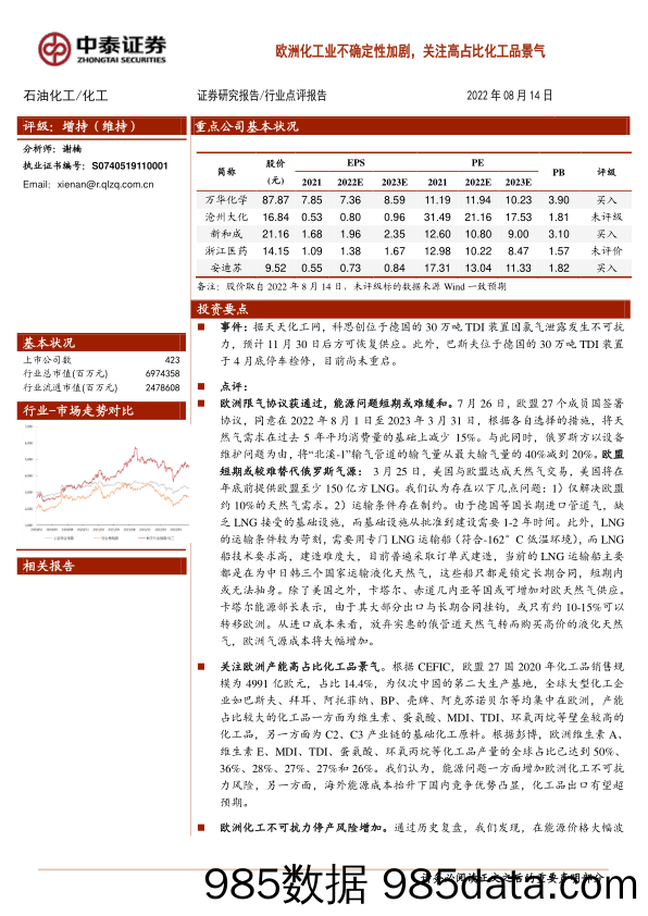 石油化工：欧洲化工业不确定性加剧，关注高占比化工品景气_中泰证券