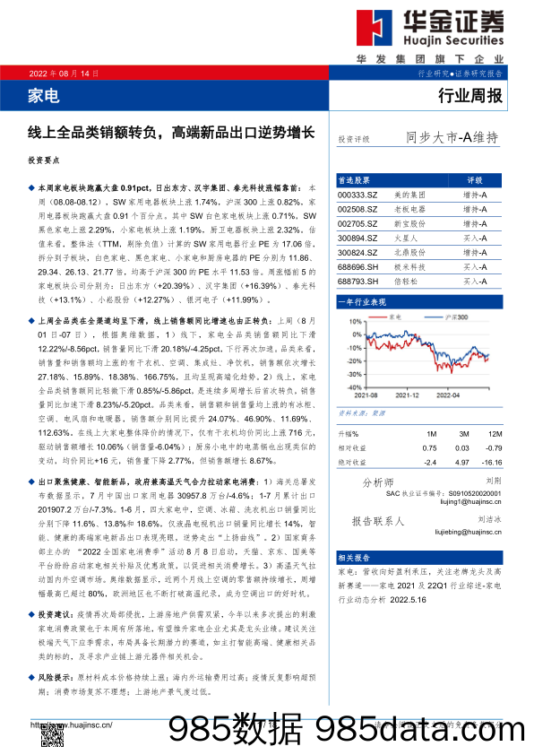 家电行业周报：线上全品类销额转负，高端新品出口逆势增长_华金证券