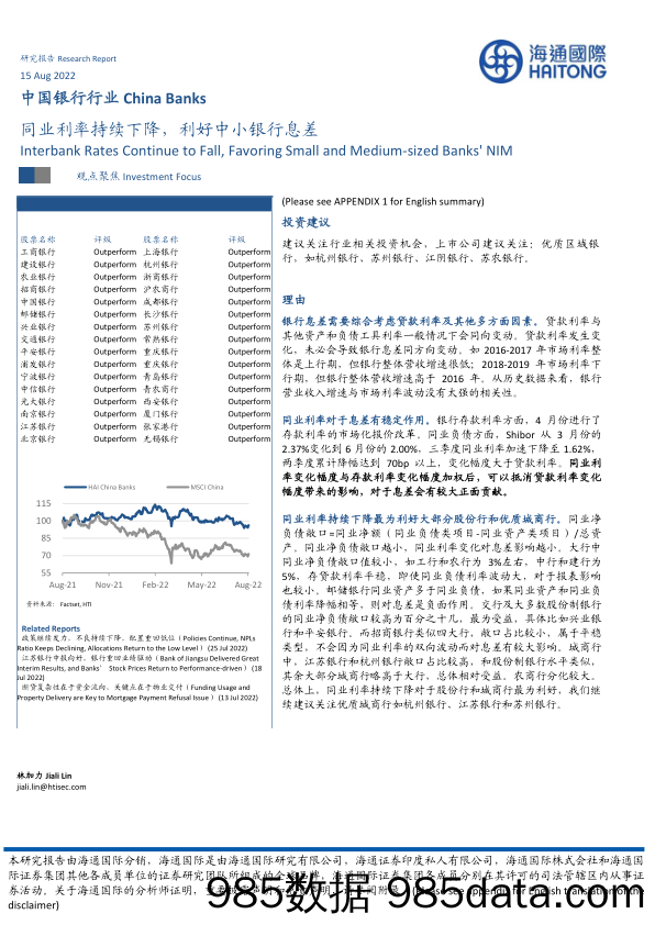 中国银行行业：同业利率持续下降，利好中小银行息差_海通国际