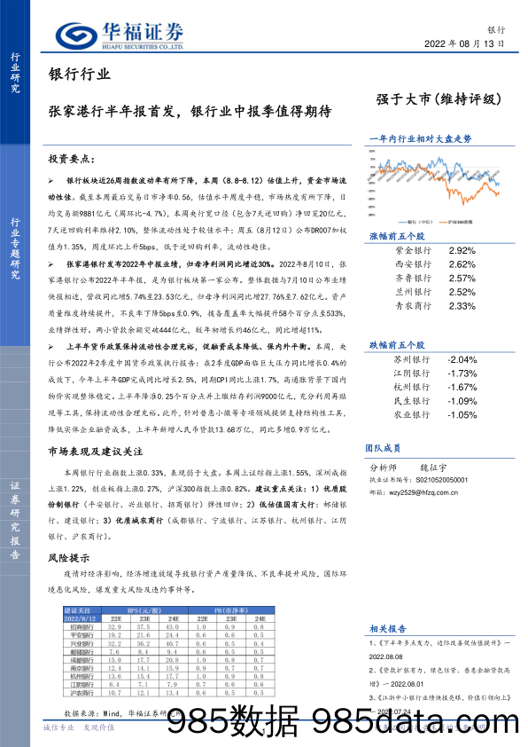 银行行业：张家港行半年报首发，银行业中报季值得期待_华福证券