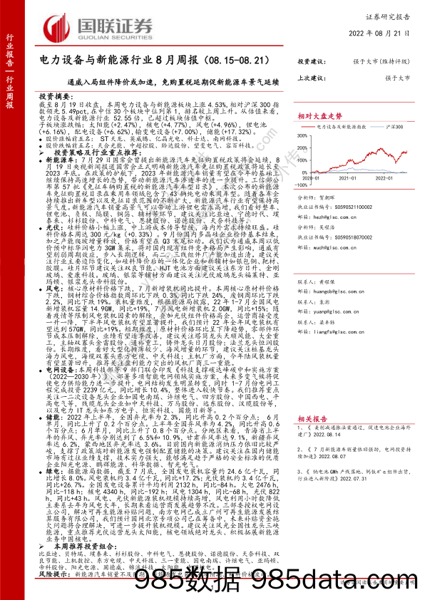 电力设备与新能源行业8月周报：通威入局组件降价或加速，免购置税延期促新能源车景气延续_国联证券