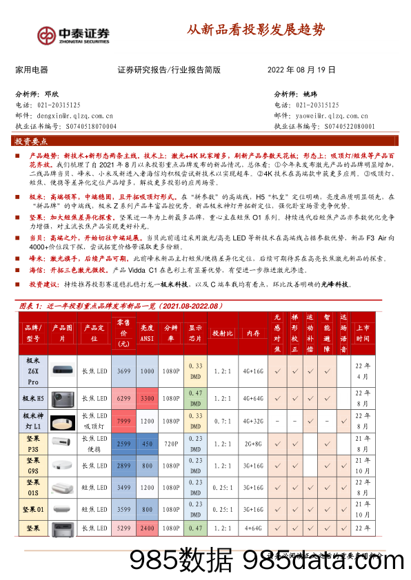 家用电器行业报告简版：从新品看投影发展趋势_中泰证券插图