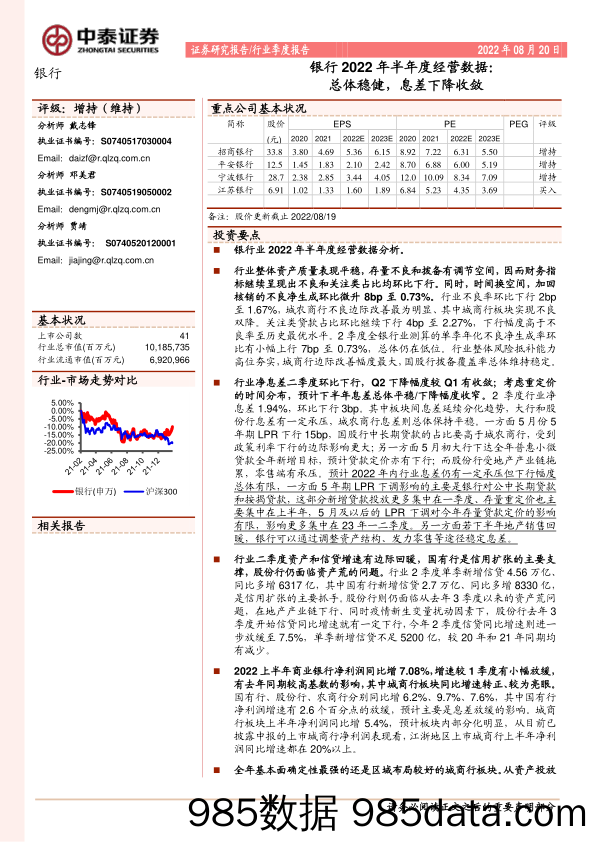 银行2022年半年度经营数据：总体稳健，息差下降收敛_中泰证券