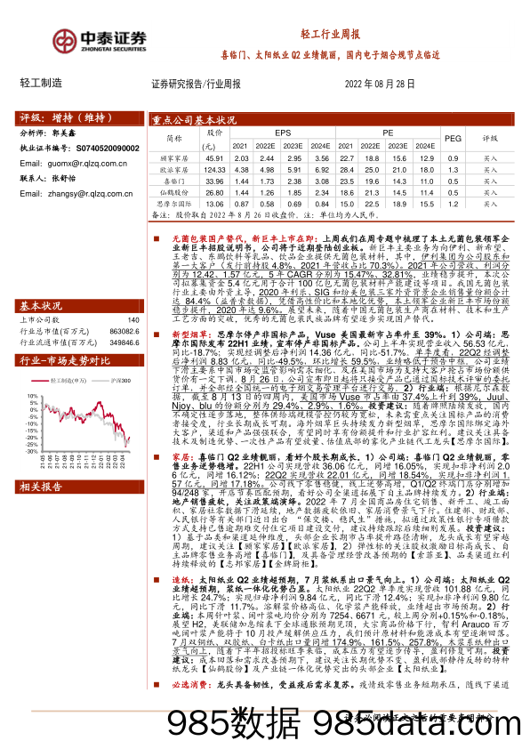 轻工行业周报：喜临门、太阳纸业Q2业绩靓丽，国内电子烟合规节点临近_中泰证券