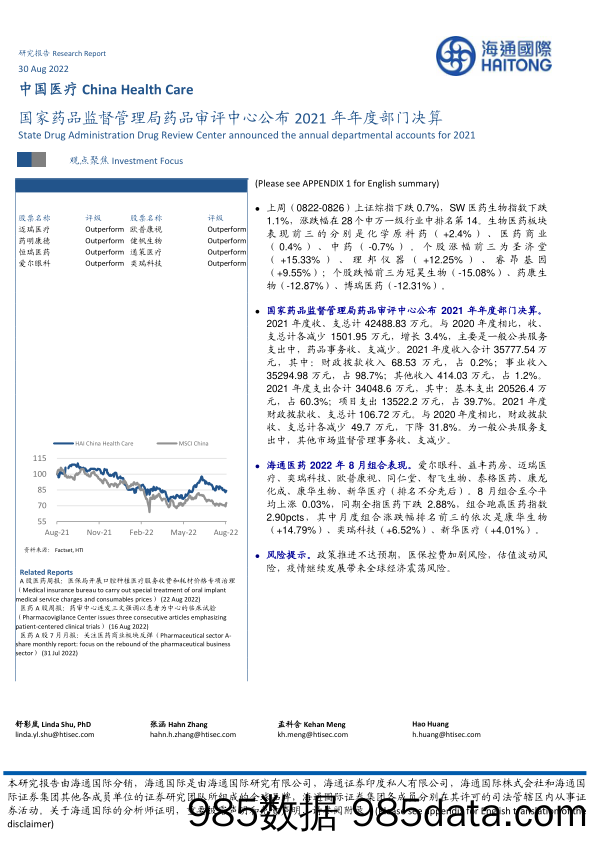 中国医疗：国家药品监督管理局药品审评中心公布2021年年度部门决算_海通国际