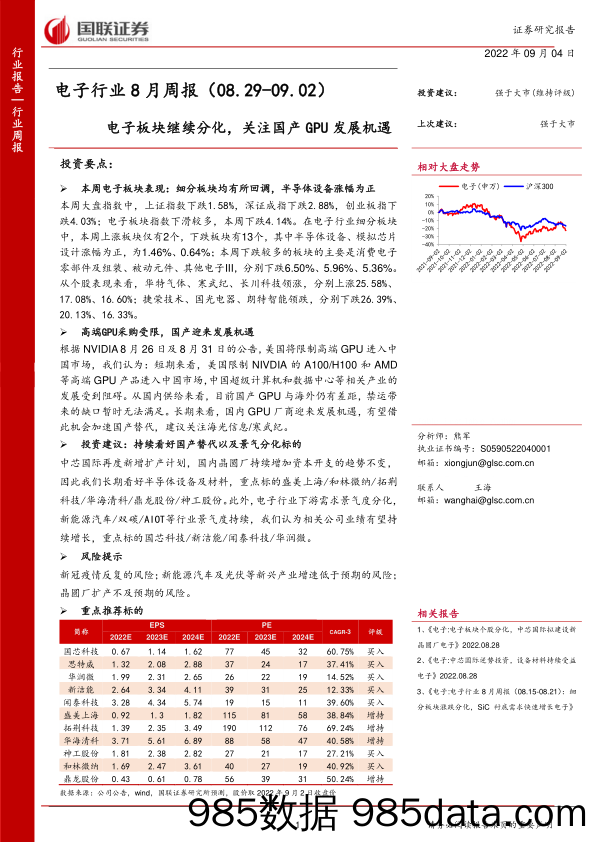 电子行业8月周报：电子板块继续分化，关注国产GPU发展机遇_国联证券