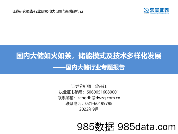 国内大储行业专题报告：国内大储如火如荼，储能模式及技术多样化发展_东吴证券