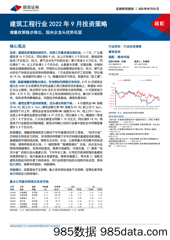 建筑工程行业2022年9月投资策略：增量政策稳步推出，国央企龙头优势巩固_国信证券