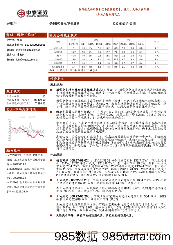 房地产行业周观点：国常会支持刚性和改善性住房需求，厦门、无锡土拍降温_中泰证券