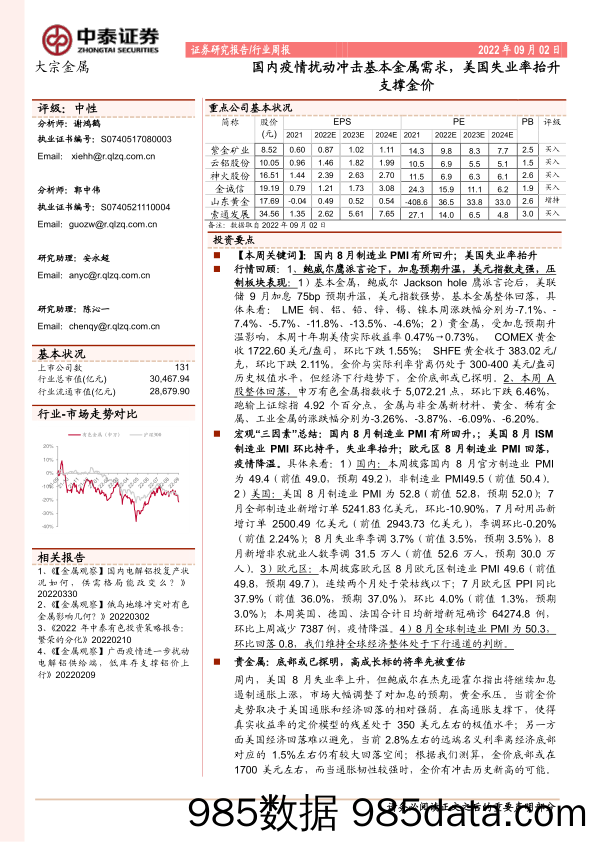 大宗金属行业周报：国内疫情扰动冲击基本金属需求，美国失业率抬升支撑金价_中泰证券