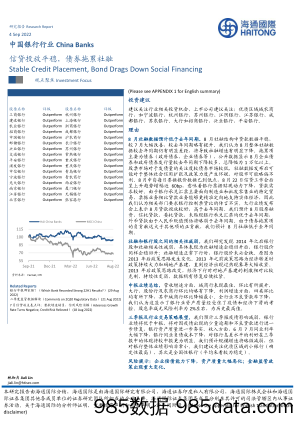 中国银行行业：信贷投放平稳，债券拖累社融_海通国际