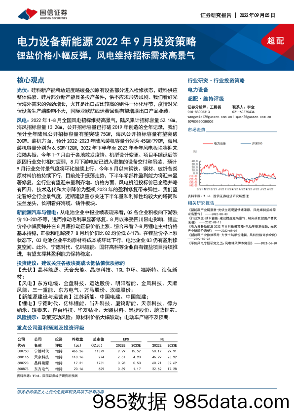 电力设备新能源2022年9月投资策略：锂盐价格小幅反弹，风电维持招标需求高景气_国信证券