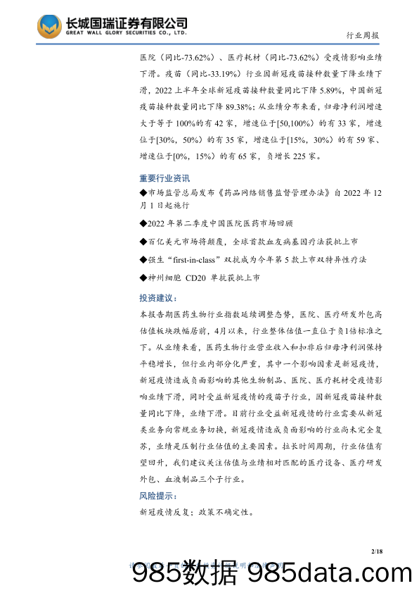 医药生物行业双周报2022年第18期总第67期：行业业绩压制估值 关注估值与业绩匹配的三个子行业_长城国瑞证券插图1