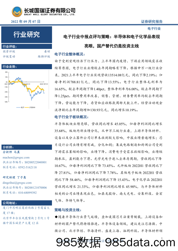 电子行业中报点评与策略：半导体和电子化学品表现亮眼，国产替代仍是投资主线_长城国瑞证券