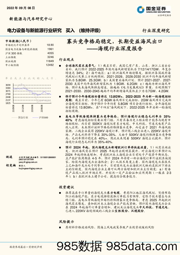 海缆行业深度报告：寡头竞争格局稳定，长期受益海风出口_国金证券