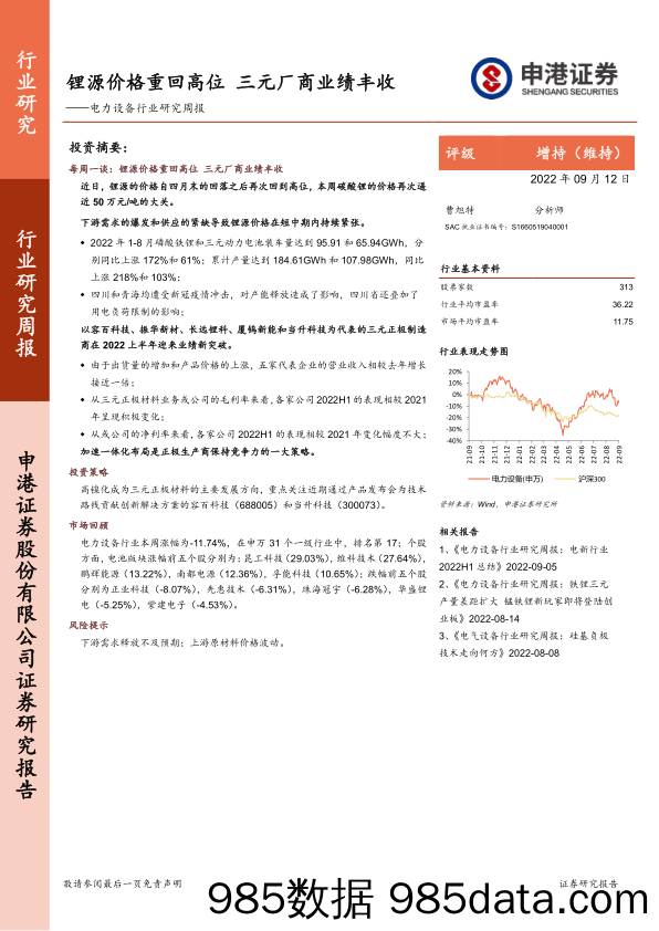 电力设备行业研究周报：锂源价格重回高位 三元厂商业绩丰收_申港证券