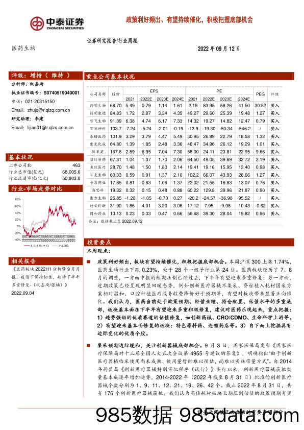 医药生物行业周报：政策利好频出、有望持续催化，积极把握底部机会_中泰证券