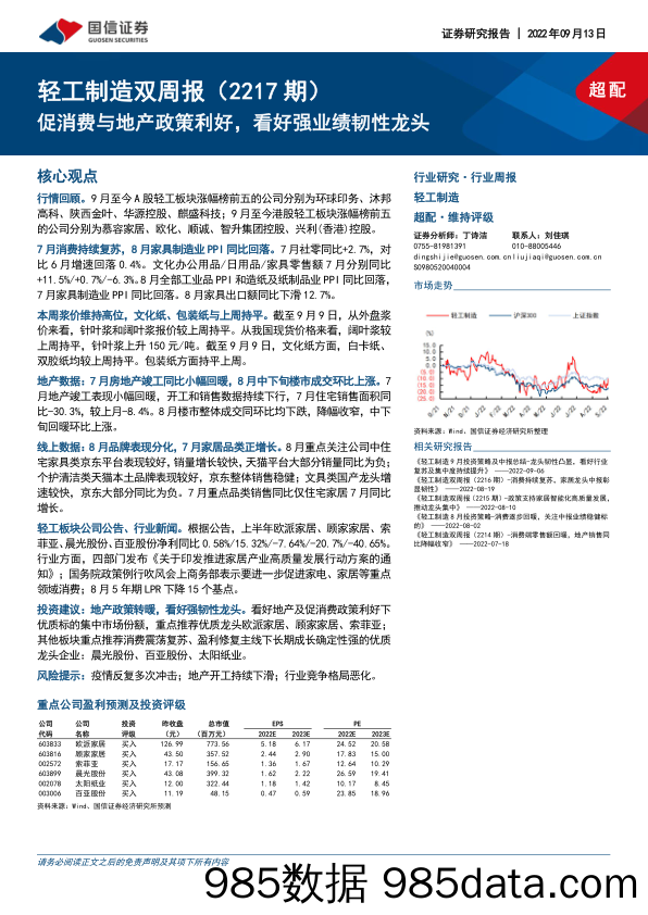 轻工制造双周报（2217期）：促消费与地产政策利好，看好强业绩韧性龙头_国信证券