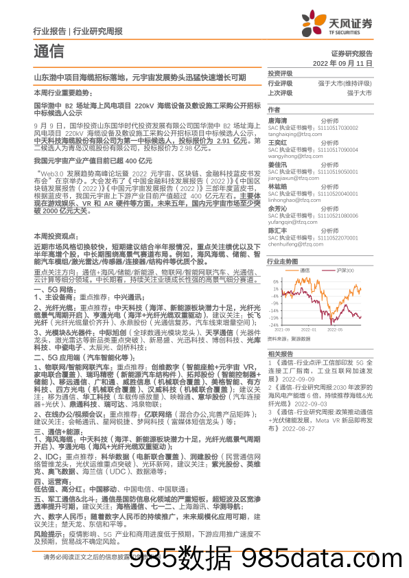 通信行业研究周报：山东渤中项目海缆招标落地，元宇宙发展势头迅猛快速增长可期_天风证券