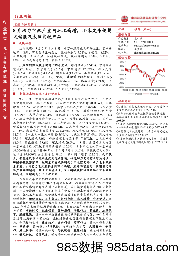 电力设备与新能源行业周报：8月动力电池产量同环比高增，小米发布便携式储能及太阳能板产品_东亚前海证券