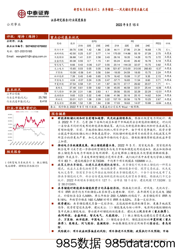 公用事业行业深度报告：新型电力系统系列2：共享储能——风光储运营商共赢之道_中泰证券