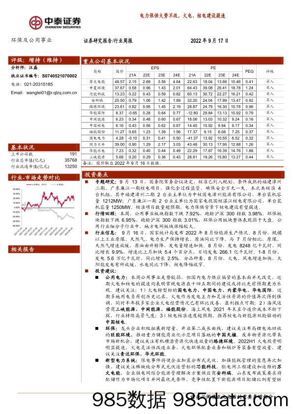 环保及公用事业行业周报：电力保供大势不改，火电、核电建设提速_中泰证券