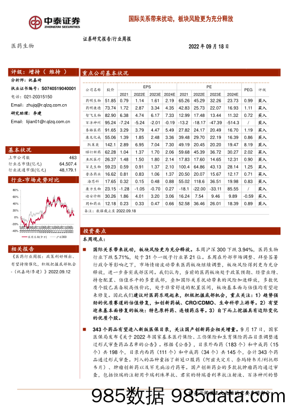 医药生物行业周报：国际关系带来扰动，板块风险更为充分释放_中泰证券