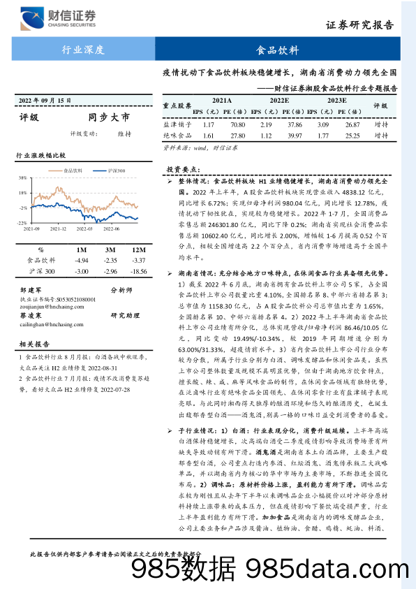 湘股食品饮料行业专题报告：疫情扰动下食品饮料板块稳健增长，湖南省消费动力领先全国_财信证券