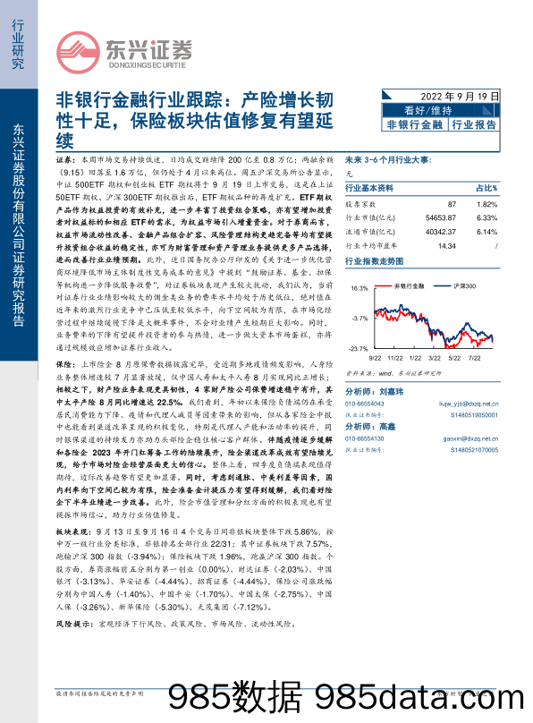 非银行金融行业跟踪：产险增长韧性十足，保险板块估值修复有望延续_东兴证券