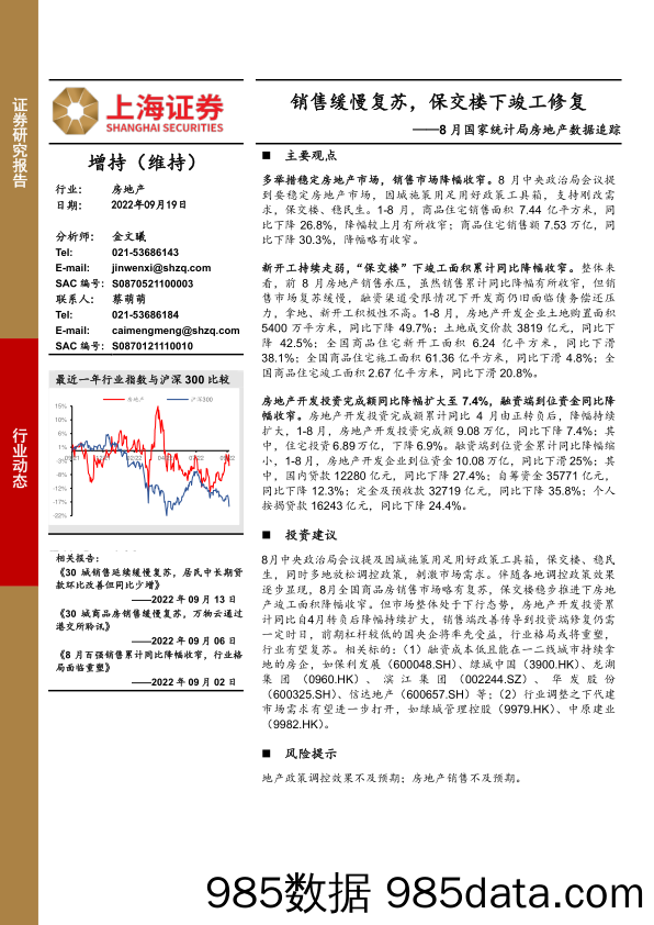 8月国家统计局房地产数据追踪：销售缓慢复苏，保交楼下竣工修复_上海证券