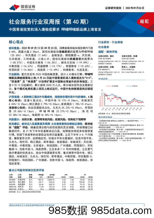 社会服务行业双周报（第40期）：中国香港放宽机场入境检疫要求 呷哺呷哺新品牌上海首发_国信证券