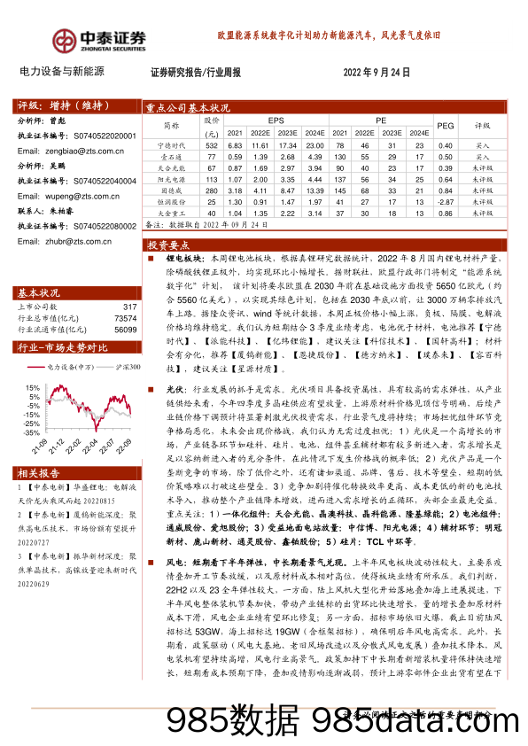 电力设备与新能源行业周报：欧盟能源系统数字化计划助力新能源汽车，风光景气度依旧_中泰证券