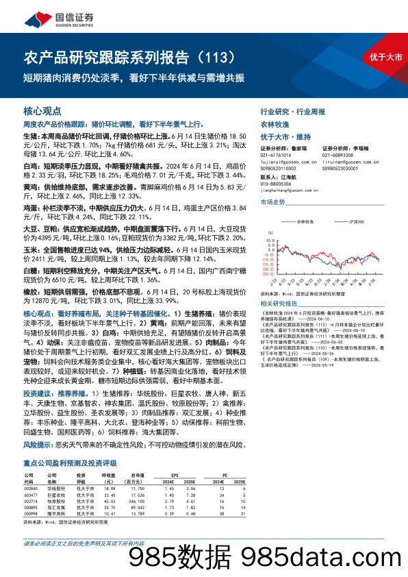 农业农产品研究跟踪系列报告(113)：短期猪肉消费仍处淡季，看好下半年供减与需增共振-240615-国信证券