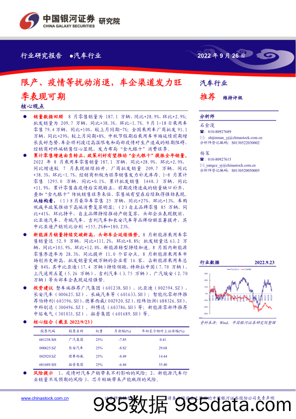 汽车行业：限产、疫情等扰动消退，车企渠道发力旺季表现可期_中国银河