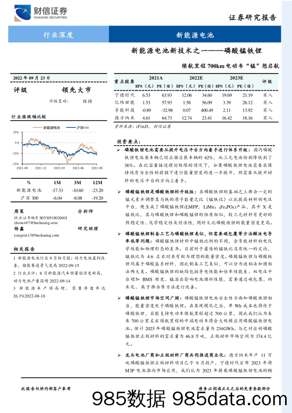 新能源电池新技术之一——磷酸锰铁锂：续航里程700km电动车“锰”想启航_财信证券