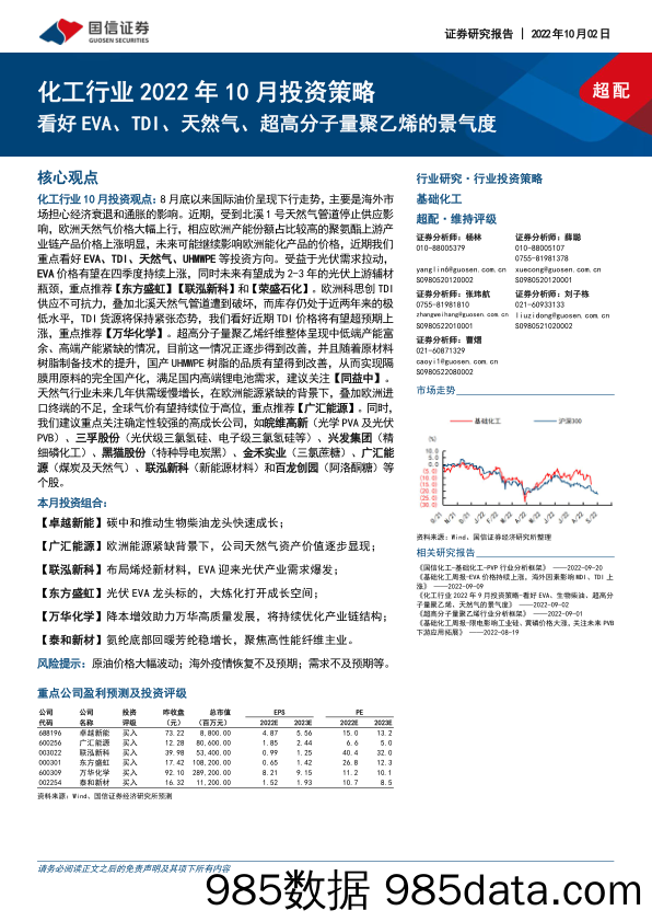 化工行业2022年10月投资策略：看好EVA、TDI、天然气、超高分子量聚乙烯的景气度_国信证券